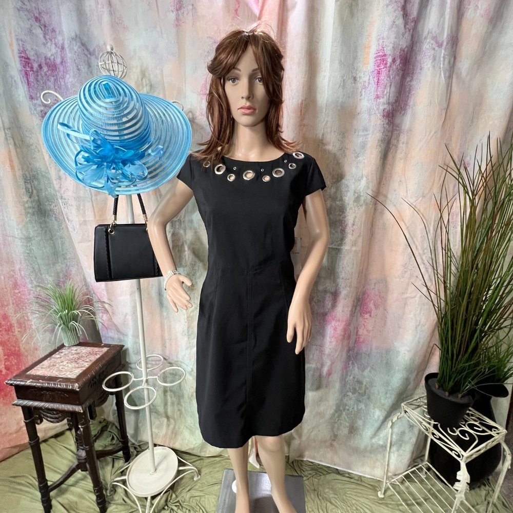 NEW📌 Studio One Classic Black Sheath Dress Cap Sleeve Grommet Trim